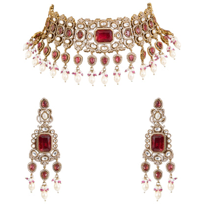Red Kundan Pearl Choker Necklace Set with Earrings for Bridal and Traditional Wear - Auraa Trends - Necklace -  - Auraa Trends - “Red kundan and pearl choker necklace with matching earrings” “Bridal antique gold choker with red stones and pearl drops” “Statement Indian wedding jewelry set with red and white kundan stones”