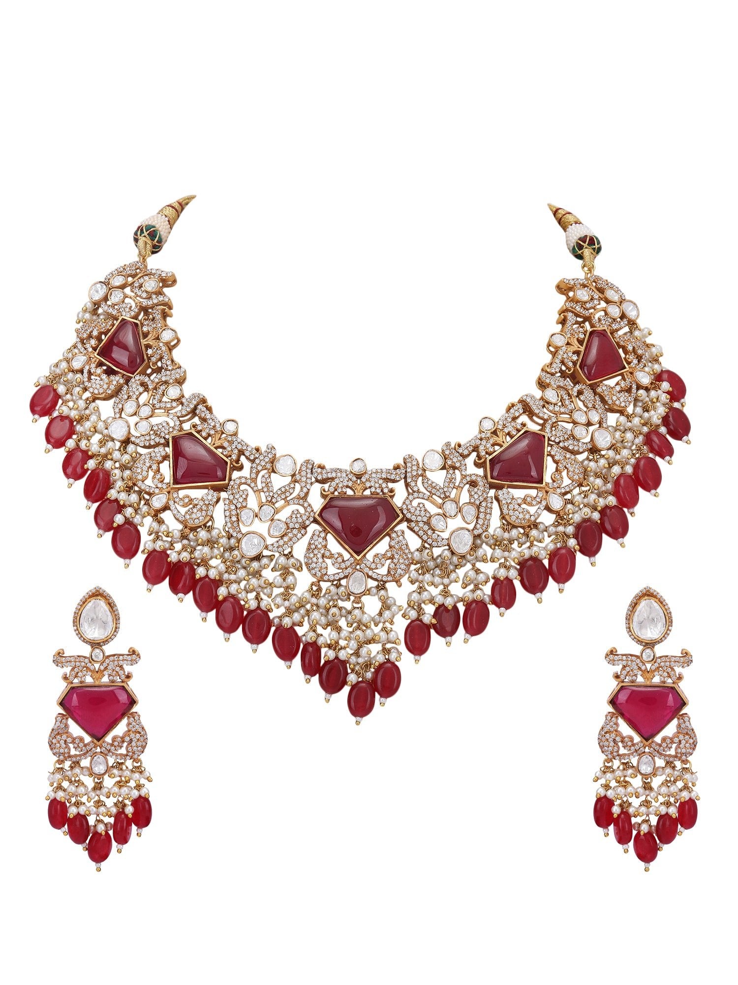 Red Polki Bridal Choker Set For women and Girls - Auraa Trends - Necklace Set - Red Polki Bridal Choker Set For women