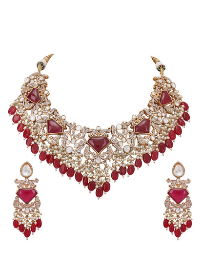 Red Polki Bridal Choker Set For women and Girls - Auraa Trends - Necklace Set - Red Polki Bridal Choker Set For women