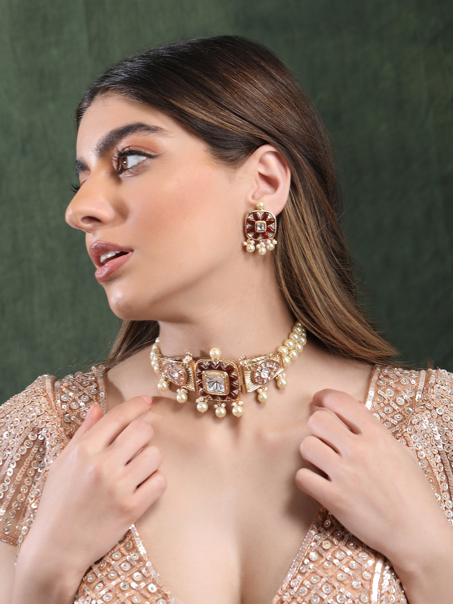 Red & White Polki Choker Set - Auraa Trends - Necklace Set - # - Auraa Trends - Red & White Polki Choker Set