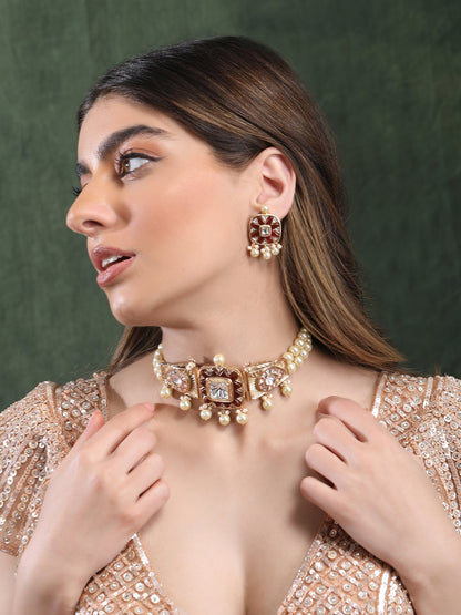 Red & White Polki Choker Set - Auraa Trends - Necklace Set - # - Auraa Trends - Red & White Polki Choker Set
