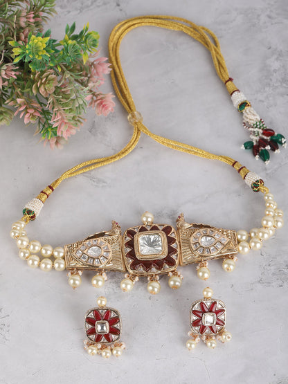 Red & White Polki Choker Set - Auraa Trends - Necklace Set - # - Auraa Trends - Red & White Polki Choker Set