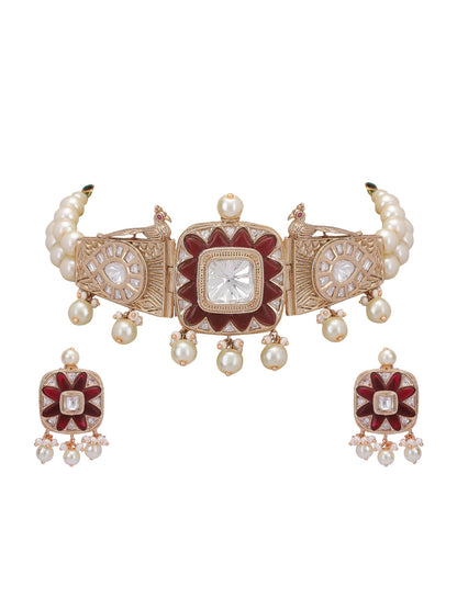 Red & White Polki Choker Set - Auraa Trends - Necklace Set - # - Auraa Trends - Red & White Polki Choker Set