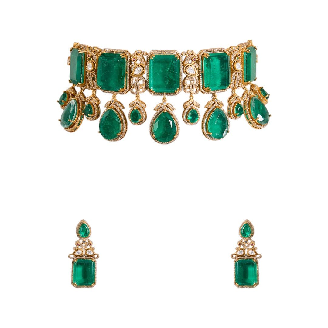 Regal Emerald Drop Choker Necklace Set with Matching Earrings - Auraa Trends - emerald choker set, bridal emerald necklace,