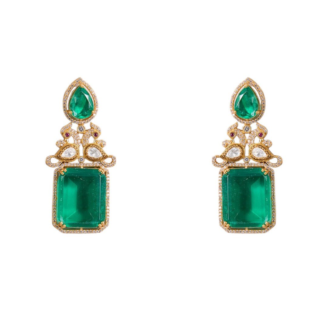 Regal Emerald Drop Choker Necklace Set with Matching Earrings - Auraa Trends - emerald choker set, bridal emerald necklace,