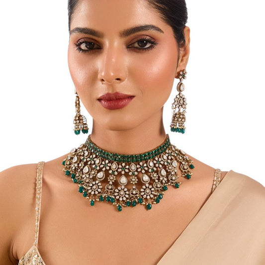Green pearl bridal choker set by Auraa Trends – Indian wedding jewelry USA UK Canada | Pearl earrings & gemstone necklace