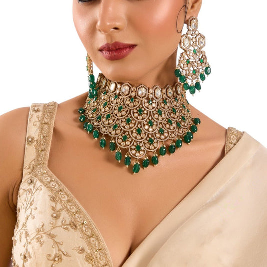 Green and pearl choker necklace with matching earrings by Auraa Trends – bridal jewelry, festive wear, ships worldwide