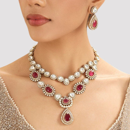 Regal Ruby Kundan Necklace Set – Dual - Layer Necklace with Earrings - Auraa Trends - necklace -  - Auraa Trends - Regal Ruby Kundan Necklace Set – Dual - Layer Necklace with Earrings