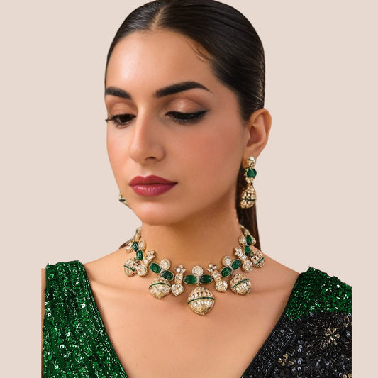 Resplendent Kundan Green Necklace Set with Jhumka Earrings. - Auraa Trends - necklace - # - Auraa Trends - Resplendent Kundan Green Necklace Set with Jhumka Earrings.
