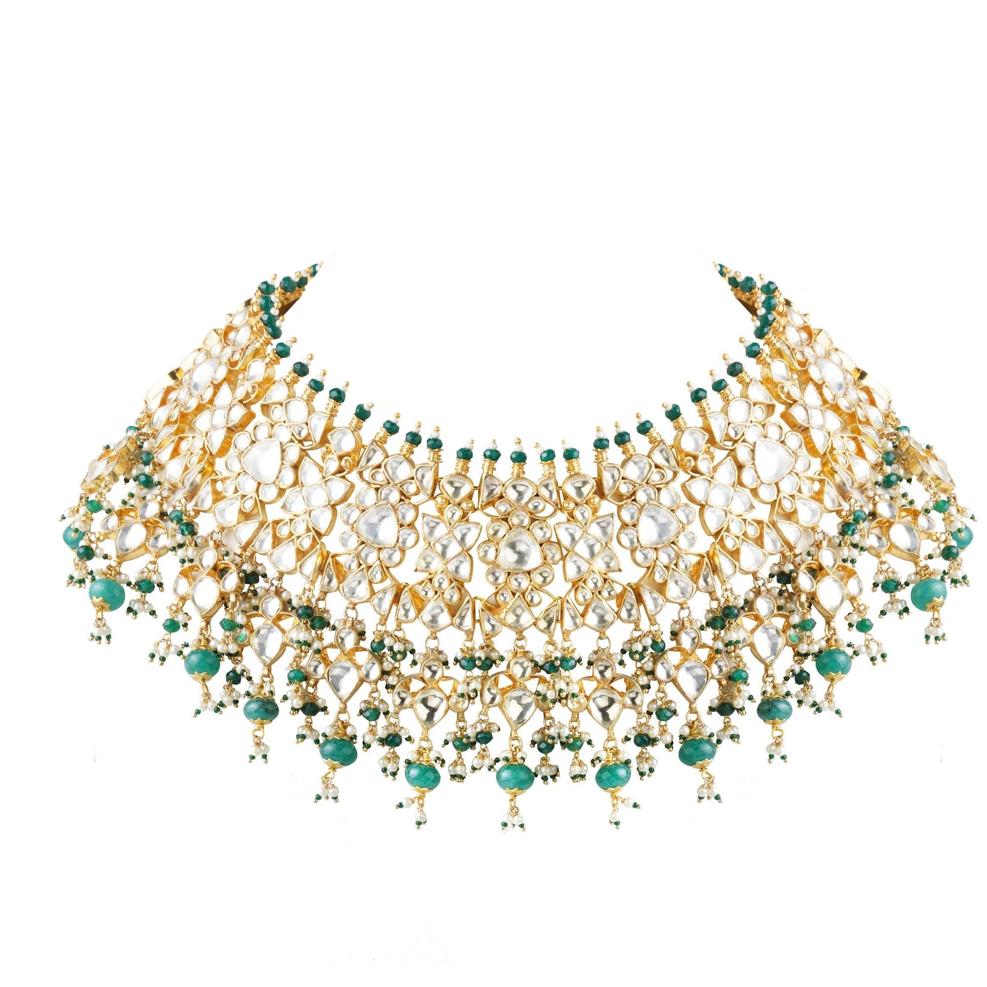 Resplendent Kundan Necklace Set with Emerald Accents - Auraa Trends - Necklaces Resplendent Kundan Necklace Set with Emerald