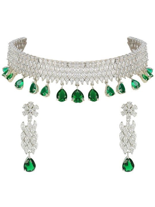 Rhodium Finish Diamond Choker Set with Emerald Green Drops - Auraa Trends - Choker - Rhodium Finish Diamond Choker Set Green