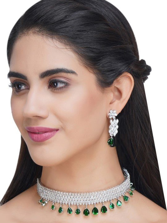 Rhodium Finish Diamond Choker Set with Emerald Green Drops - Auraa Trends - Choker - Rhodium Finish Diamond Choker Set Green