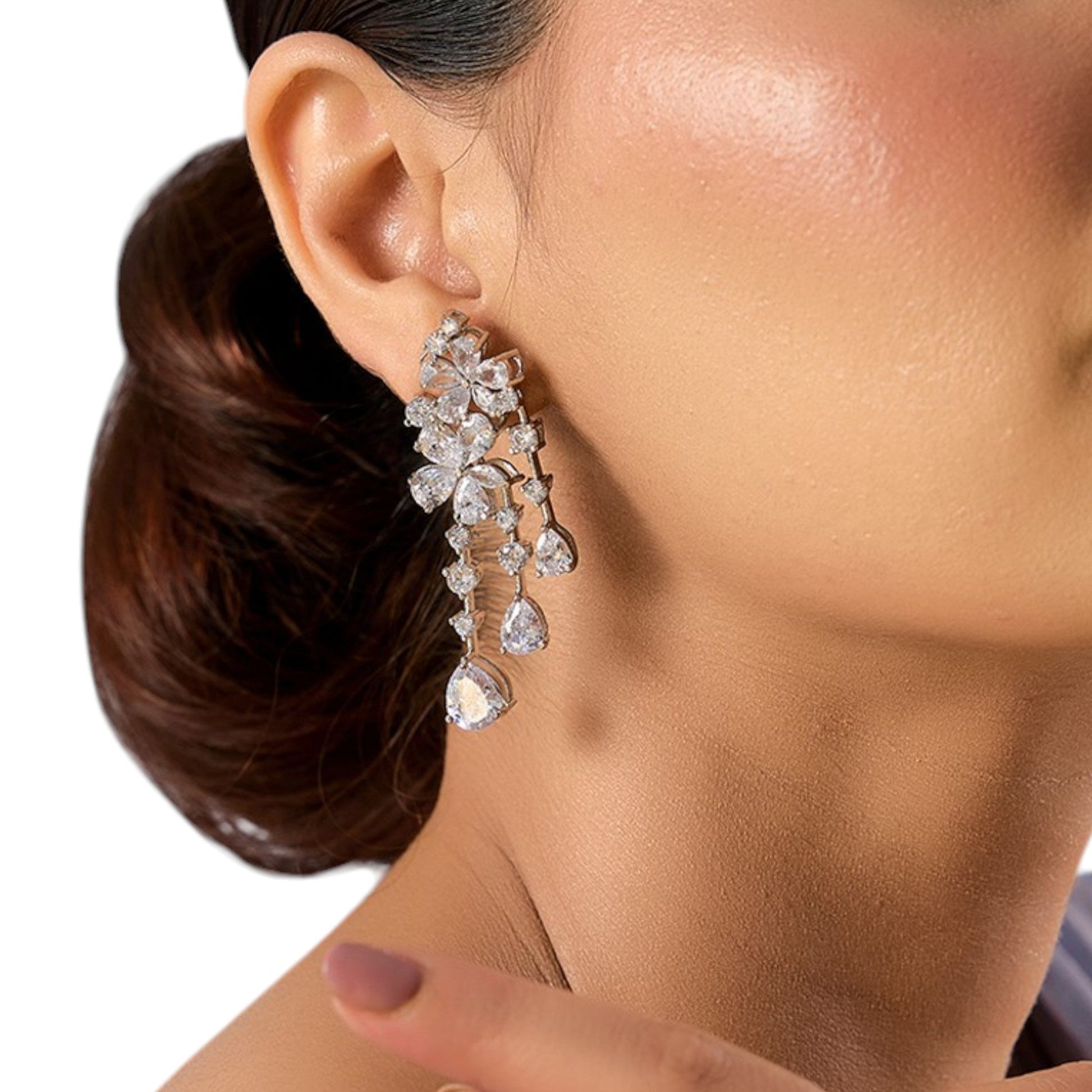 Rhodium - Plated American Diamond Floral Drop Earrings for Women - Auraa Trends -  - Auraa Trends - "Elegant rhodium - plated drop earrings with floral top and cascading teardrop cubic zirconia stones, perfect for evening or party wear."
