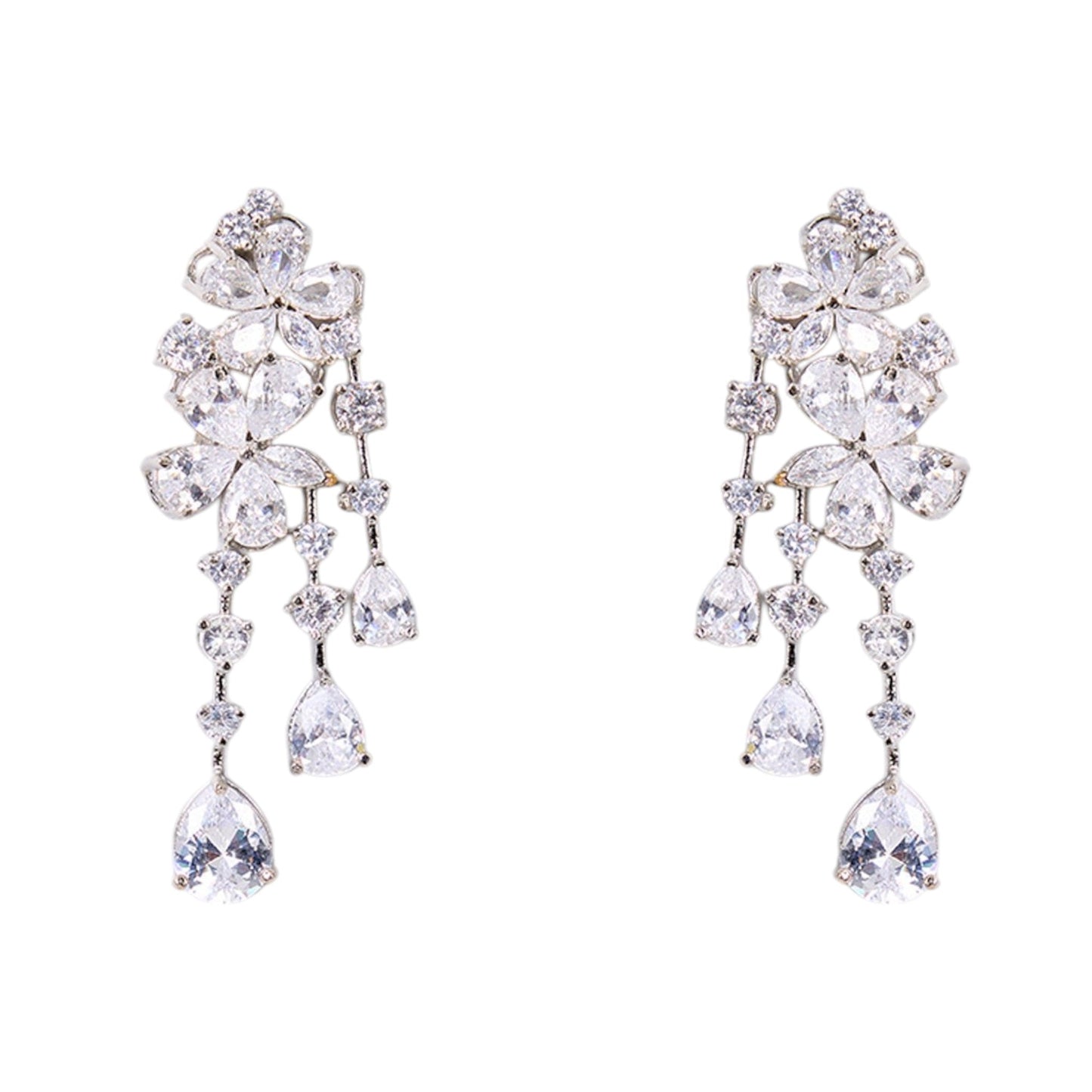 Rhodium - Plated American Diamond Floral Drop Earrings for Women - Auraa Trends -  - Auraa Trends - "Elegant rhodium - plated drop earrings with floral top and cascading teardrop cubic zirconia stones, perfect for evening or party wear."
