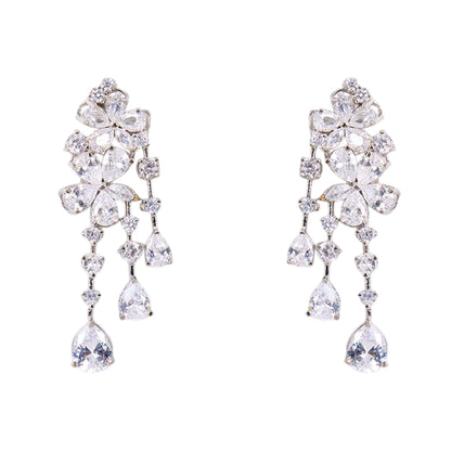 Rhodium - Plated American Diamond Floral Drop Earrings for Women - Auraa Trends -  - Auraa Trends - "Elegant rhodium - plated drop earrings with floral top and cascading teardrop cubic zirconia stones, perfect for evening or party wear."