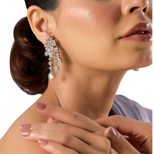 Rhodium - Plated American Diamond Floral Drop Earrings for Women - Auraa Trends -  - Auraa Trends - "Elegant rhodium - plated drop earrings with floral top and cascading teardrop cubic zirconia stones, perfect for evening or party wear."