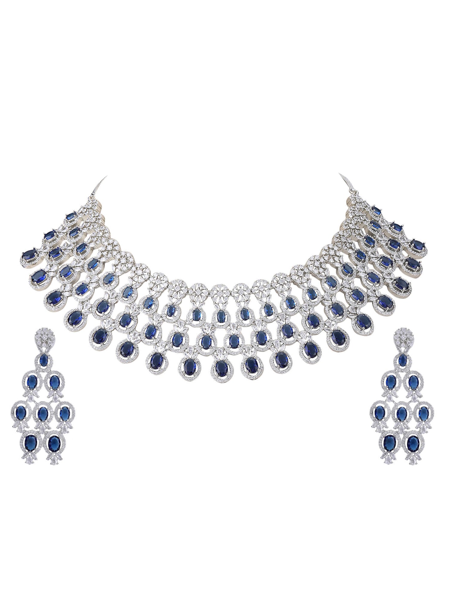 Rhodium Plated American Diamond Necklace Set For Women - Auraa Trends -Rhodium Plated American Diamond Necklace Set For Women