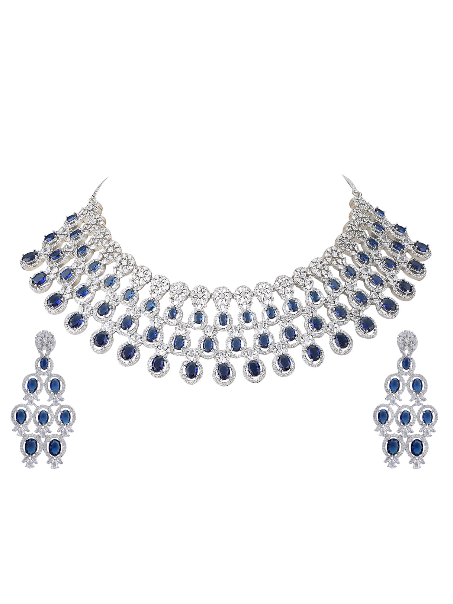 Rhodium Plated American Diamond Necklace Set For Women - Auraa Trends -Rhodium Plated American Diamond Necklace Set For Women
