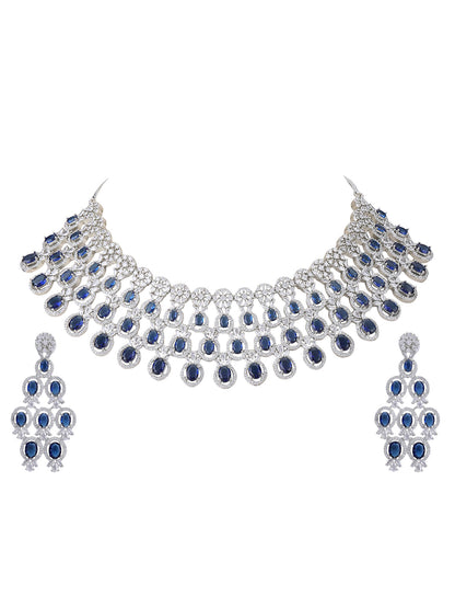 Rhodium Plated American Diamond Necklace Set For Women - Auraa Trends -Rhodium Plated American Diamond Necklace Set For Women