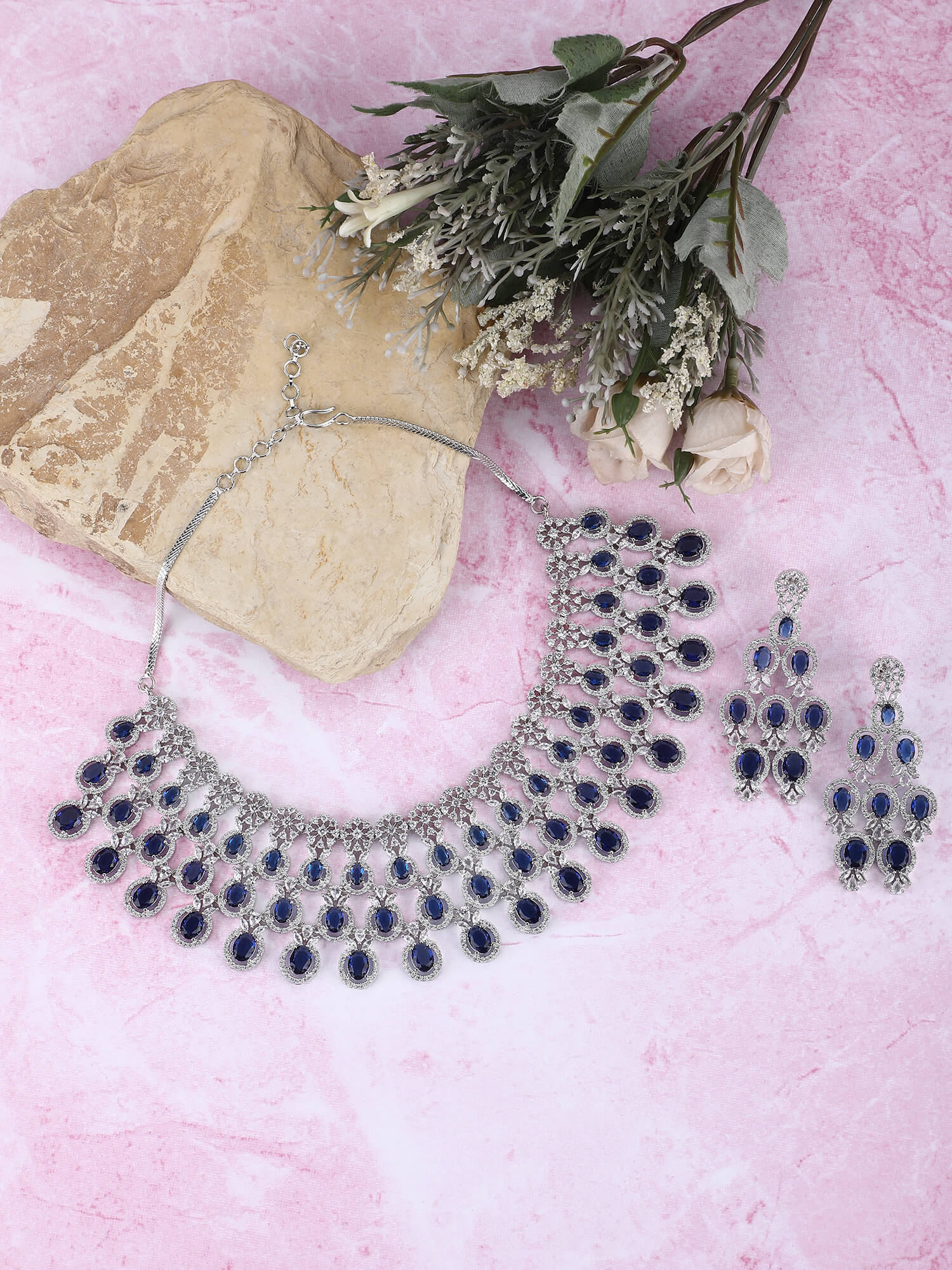 Rhodium Plated American Diamond Necklace Set For Women - Auraa Trends- Rhodium Plated American Diamond Necklace Set For Women