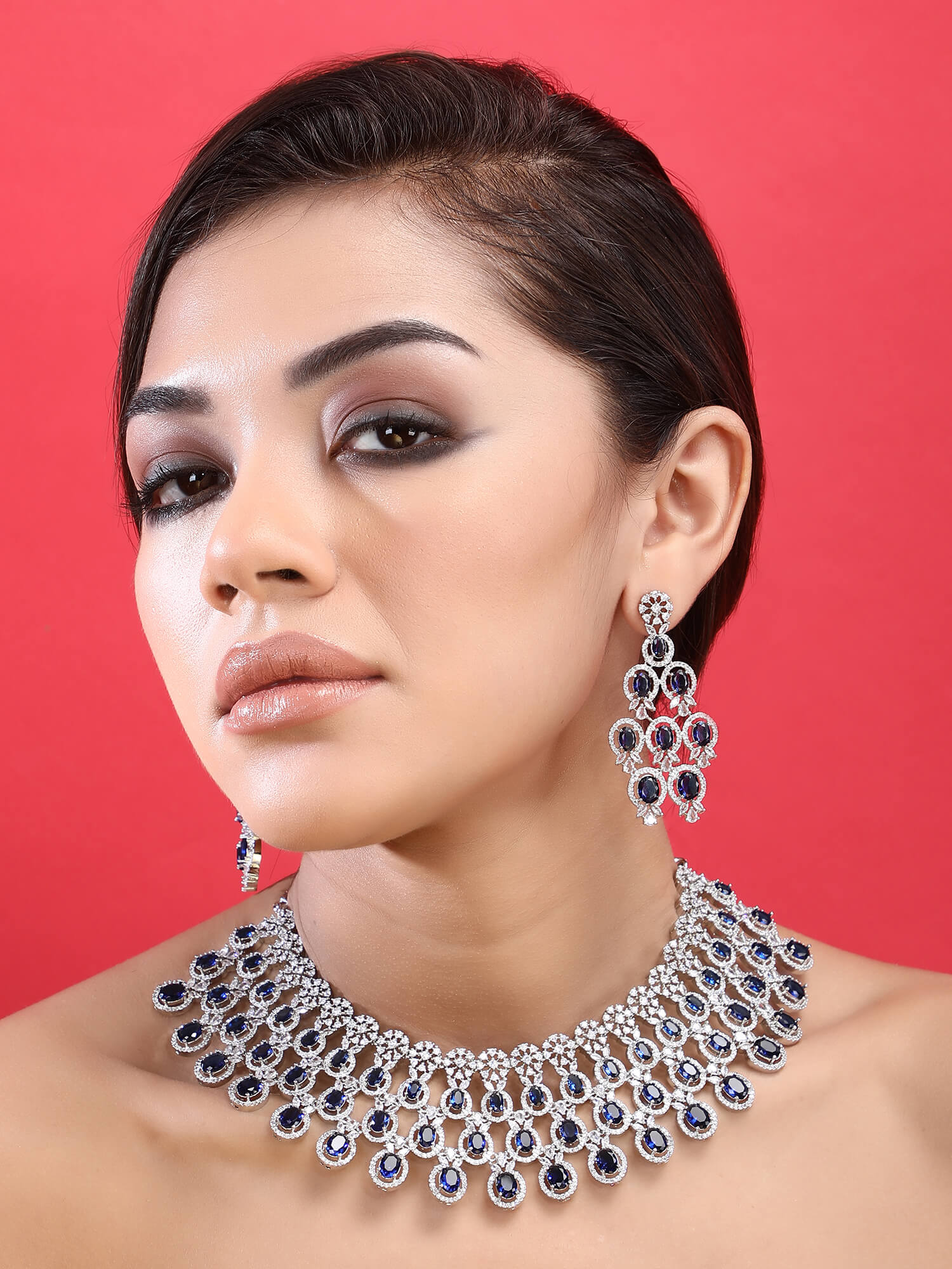 Rhodium Plated American Diamond Necklace Set For Women - Auraa Trends -Rhodium Plated American Diamond Necklace Set For Women