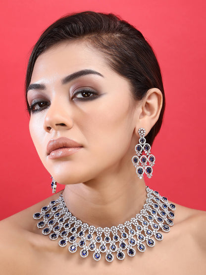 Rhodium Plated American Diamond Necklace Set For Women - Auraa Trends -Rhodium Plated American Diamond Necklace Set For Women