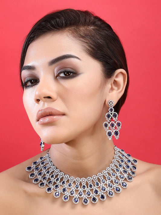Rhodium Plated American Diamond Necklace Set For Women - Auraa Trends -Rhodium Plated American Diamond Necklace Set For Women