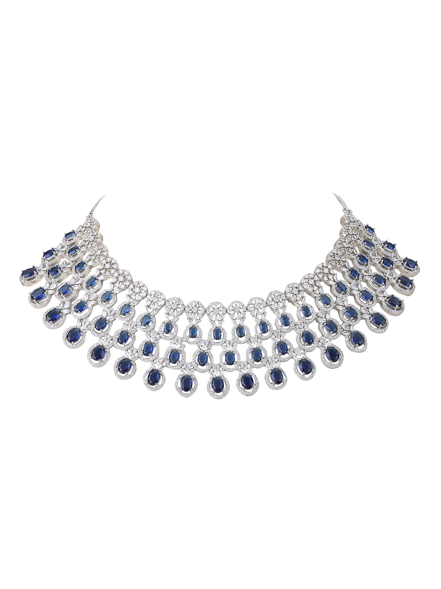 Rhodium Plated American Diamond Necklace Set For Women - Auraa Trends -Rhodium Plated American Diamond Necklace Set