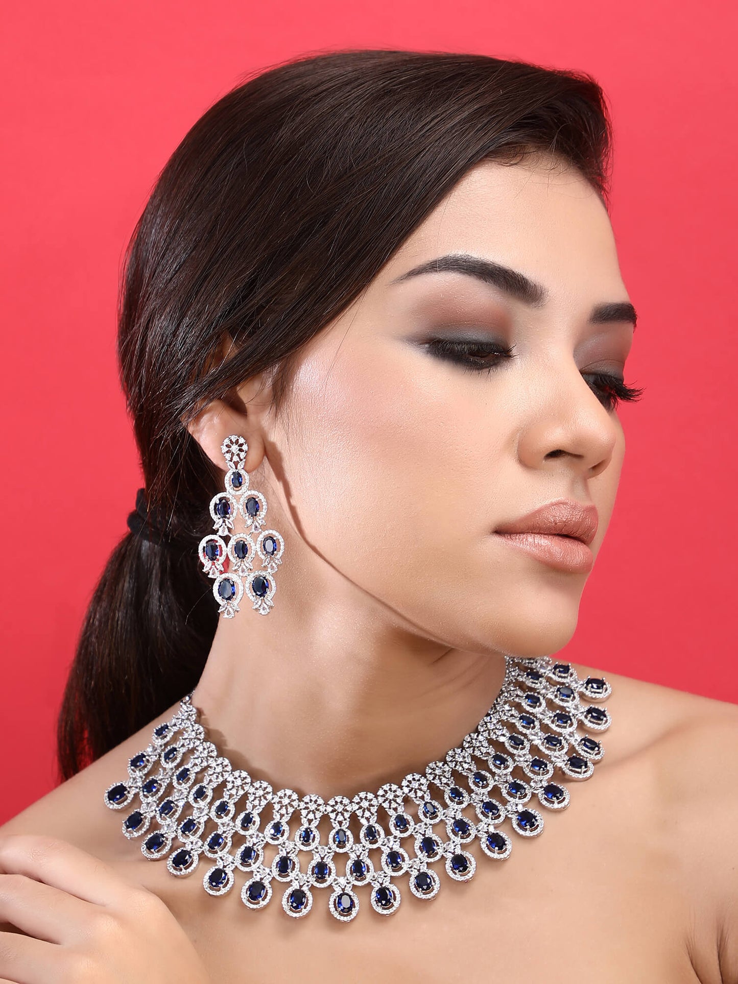 Rhodium Plated American Diamond Necklace Set For Women - Auraa Trends -Rhodium Plated American Diamond Necklace Set For Women
