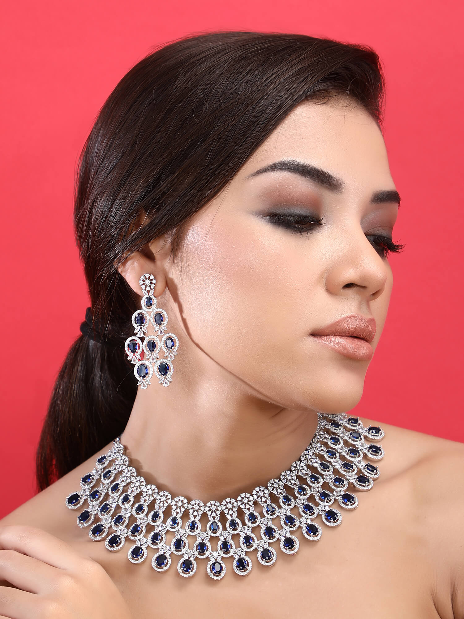 Rhodium Plated American Diamond Necklace Set For Women - Auraa Trends -Rhodium Plated American Diamond Necklace Set For Women