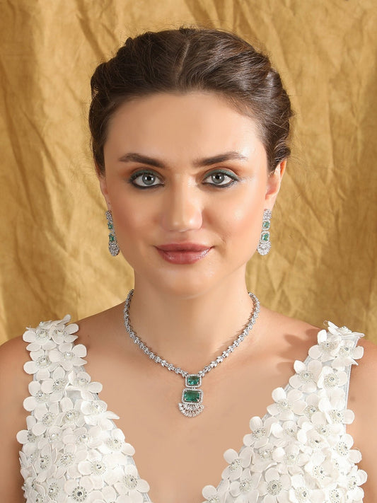 Rhodium-Plated American Diamond Necklace Set - Auraa Trends - Necklace Set - ad American Diamond Moissanite Necklace