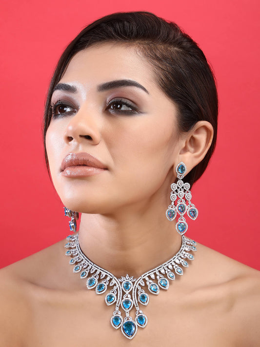 Rhodium Plated American Diamond Zircon Blue Necklace Set - Auraa Trends - AD -Blue American Diamond