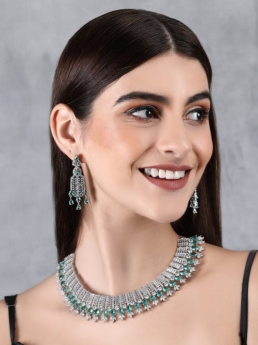 Rhodium Plated American Diamond Zircon Blue Necklace Set For Women and Girls - Auraa Trends - Necklace Set 2-3 Days