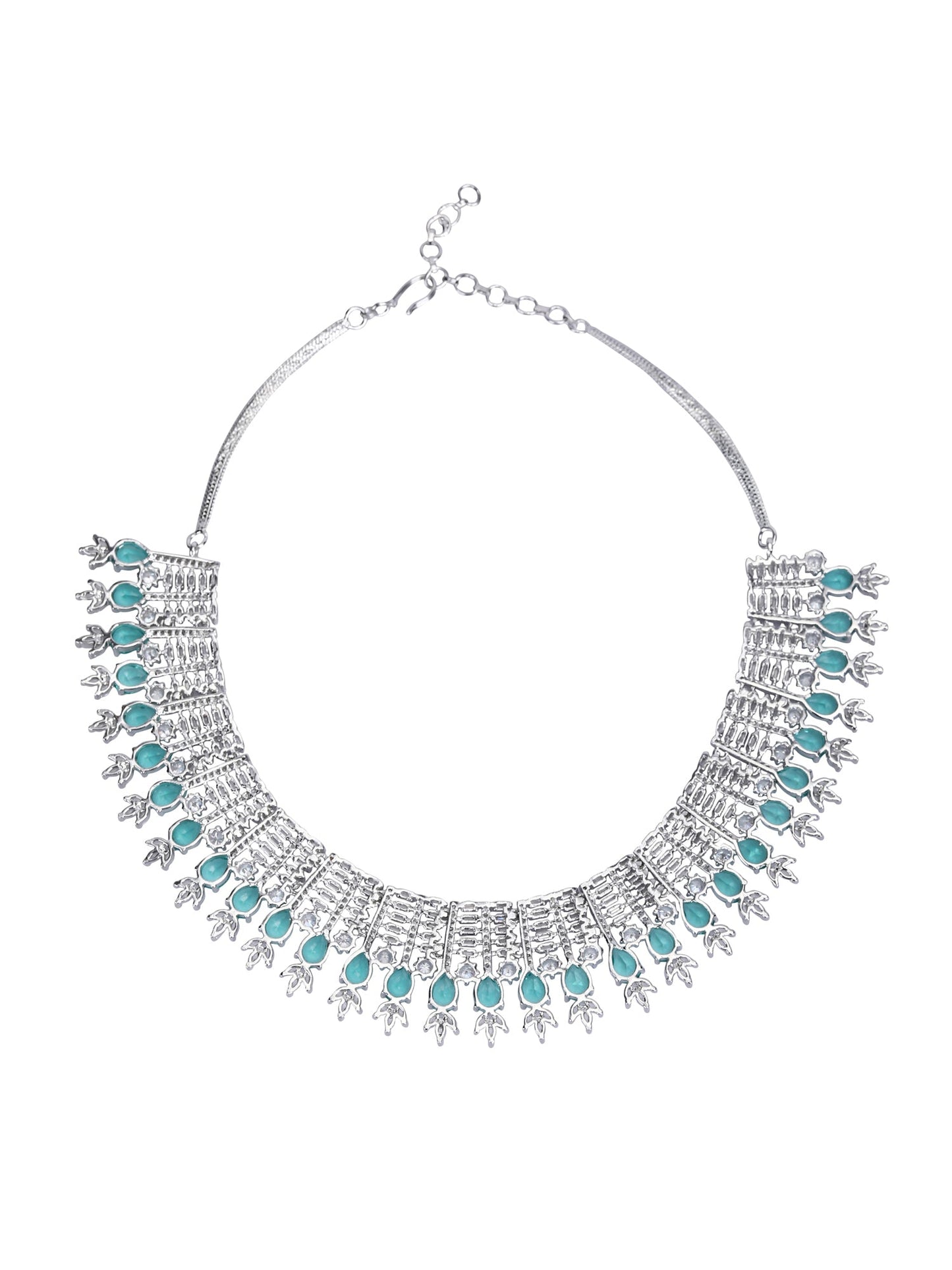 Rhodium Plated American Diamond Zircon Blue Necklace Set For Women and Girls - Auraa Trends - Necklace Set 2-3 Days
