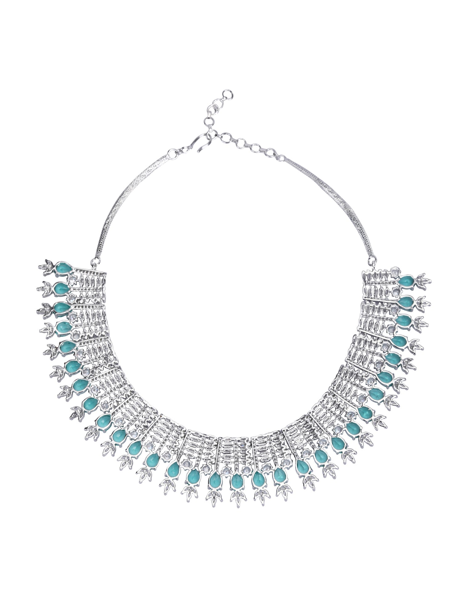 Rhodium Plated American Diamond Zircon Blue Necklace Set For Women and Girls - Auraa Trends - Necklace Set 2-3 Days