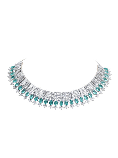 Rhodium Plated American Diamond Zircon Blue Necklace Set For Women and Girls - Auraa Trends - Necklace Set 2-3 Days