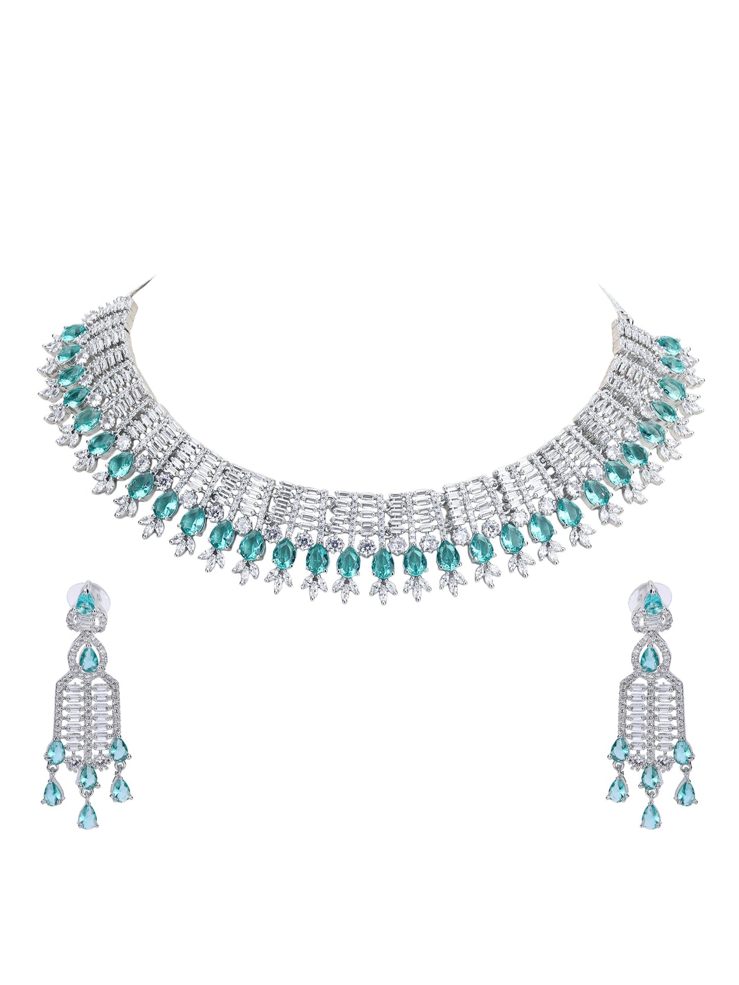 Rhodium Plated American Diamond Zircon Blue Necklace Set For Women and Girls - Auraa Trends - Necklace Set 2-3 Days