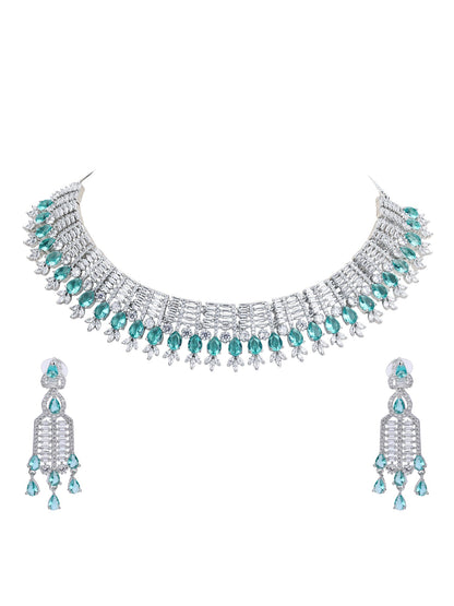 Rhodium Plated American Diamond Zircon Blue Necklace Set For Women and Girls - Auraa Trends - Necklace Set 2-3 Days