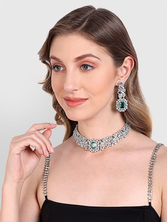 Rhodium-Plated American Diamond & Zircon Choker Necklace Set with Earrings - Auraa Trends - choker - ad American Diamond Blue