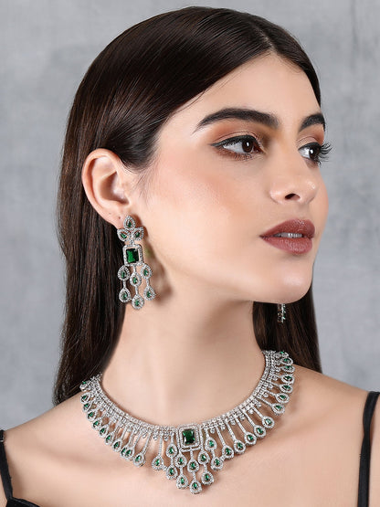 Rhodium Plated American Diamond Zircon Green Necklace Set - Auraa Trends - AD 2-3 Days 20/09/23 ad