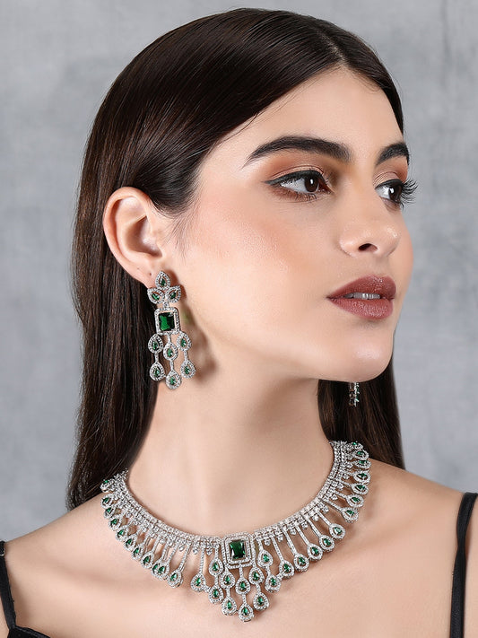 Rhodium Plated American Diamond Zircon Green Necklace Set - Auraa Trends - AD 2-3 Days 20/09/23 ad