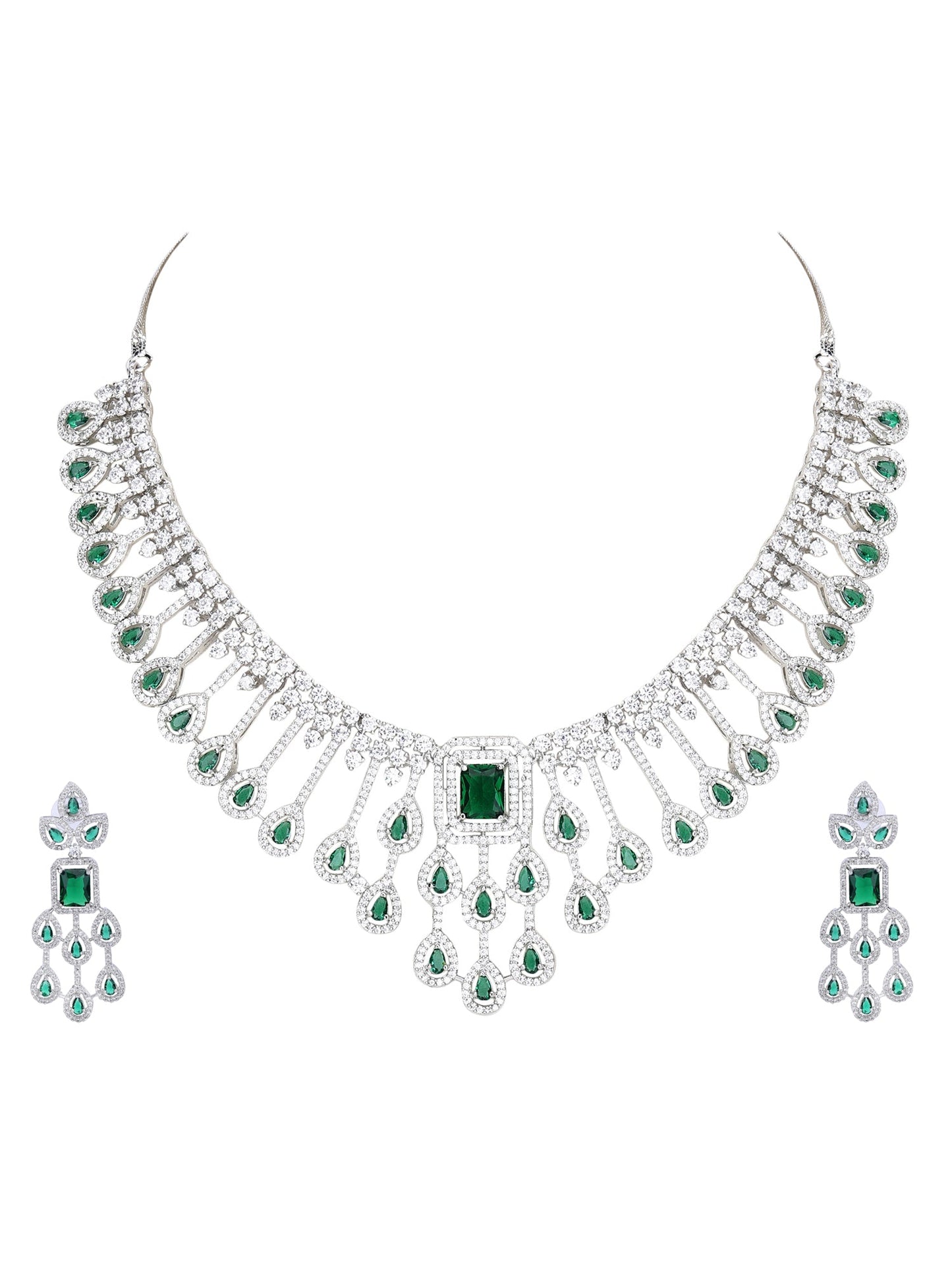 Rhodium Plated American Diamond Zircon Green Necklace Set - Auraa Trends - AD 2-3 Days 20/09/23 ad