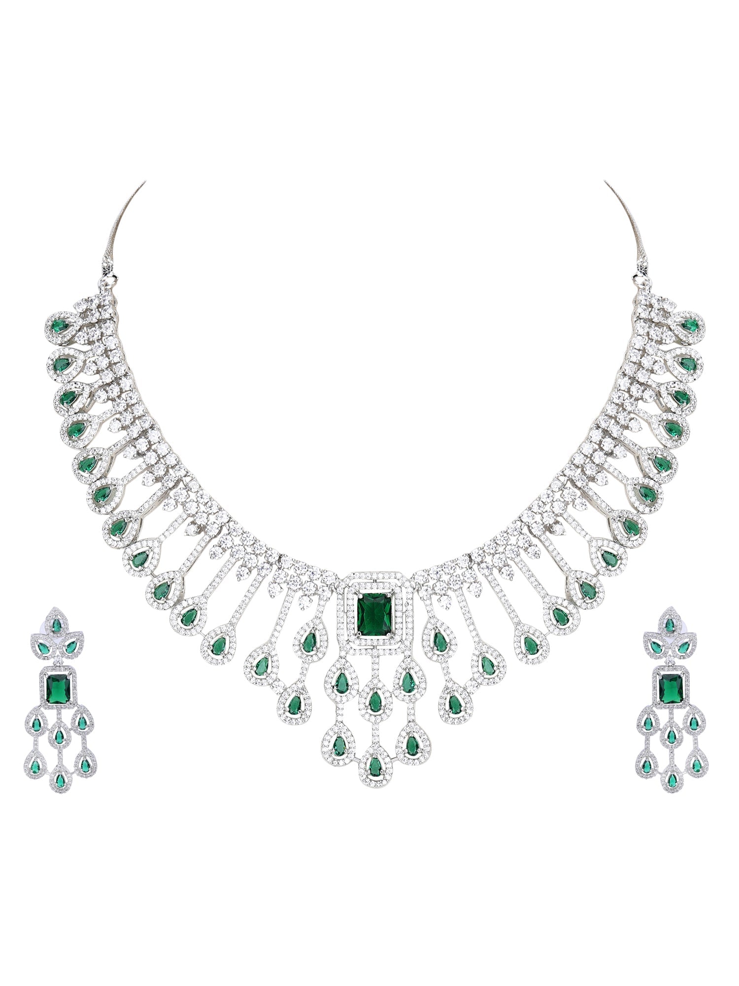 Rhodium Plated American Diamond Zircon Green Necklace Set - Auraa Trends - AD 2-3 Days 20/09/23 ad