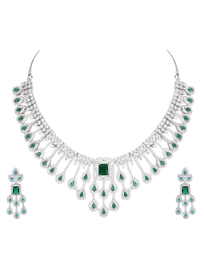 Rhodium Plated American Diamond Zircon Green Necklace Set - Auraa Trends - AD 2-3 Days 20/09/23 ad