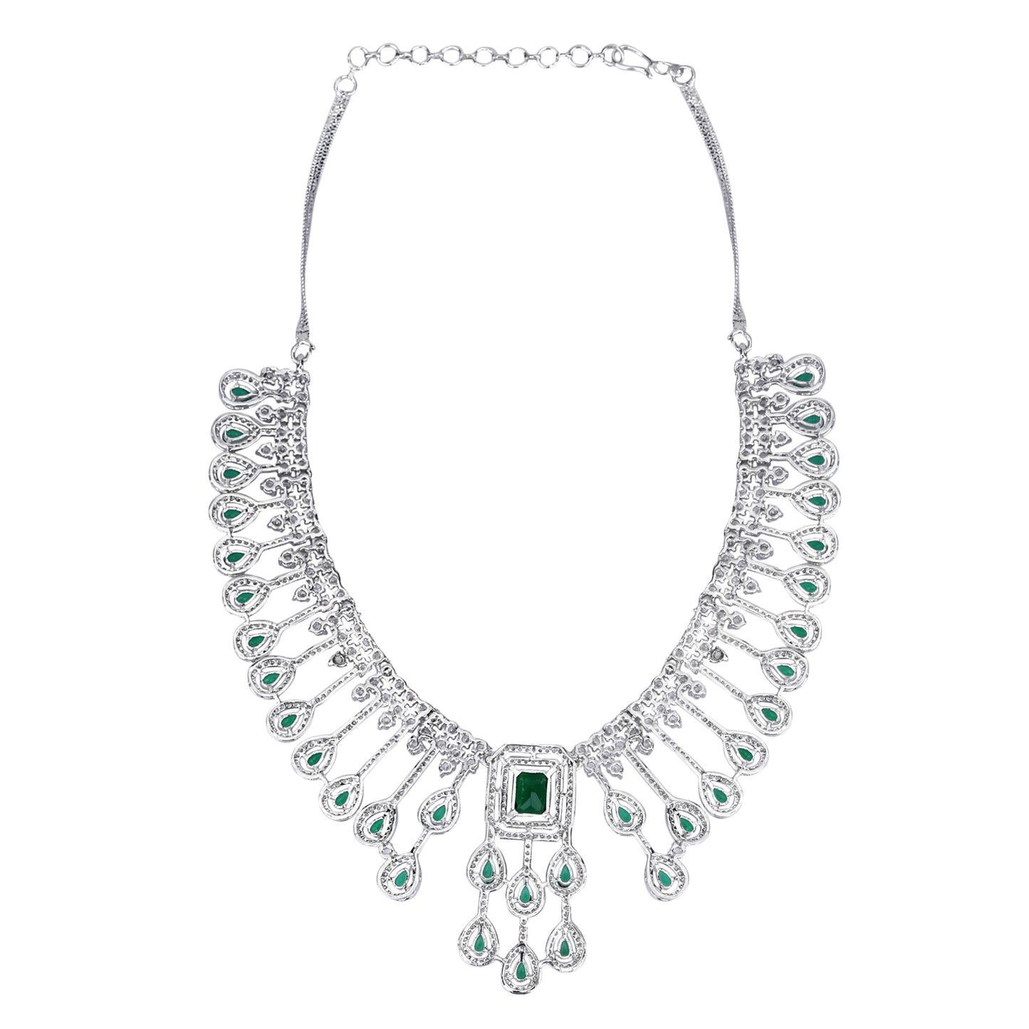 Rhodium Plated American Diamond Zircon Green Necklace Set - Auraa Trends - AD 2-3 Days 20/09/23 ad