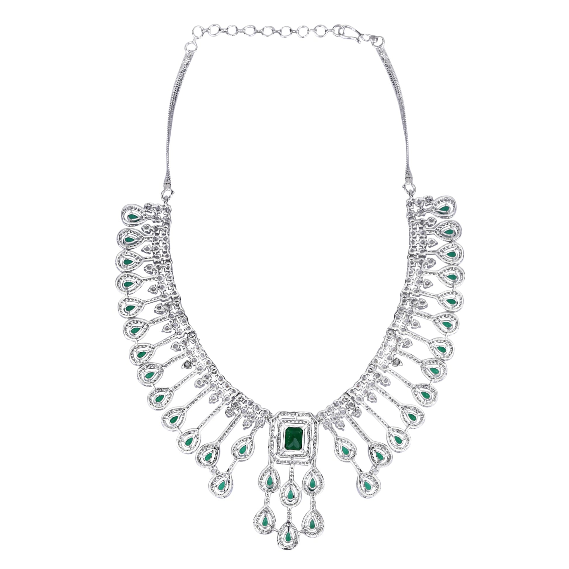 Rhodium Plated American Diamond Zircon Green Necklace Set - Auraa Trends - AD 2-3 Days 20/09/23 ad