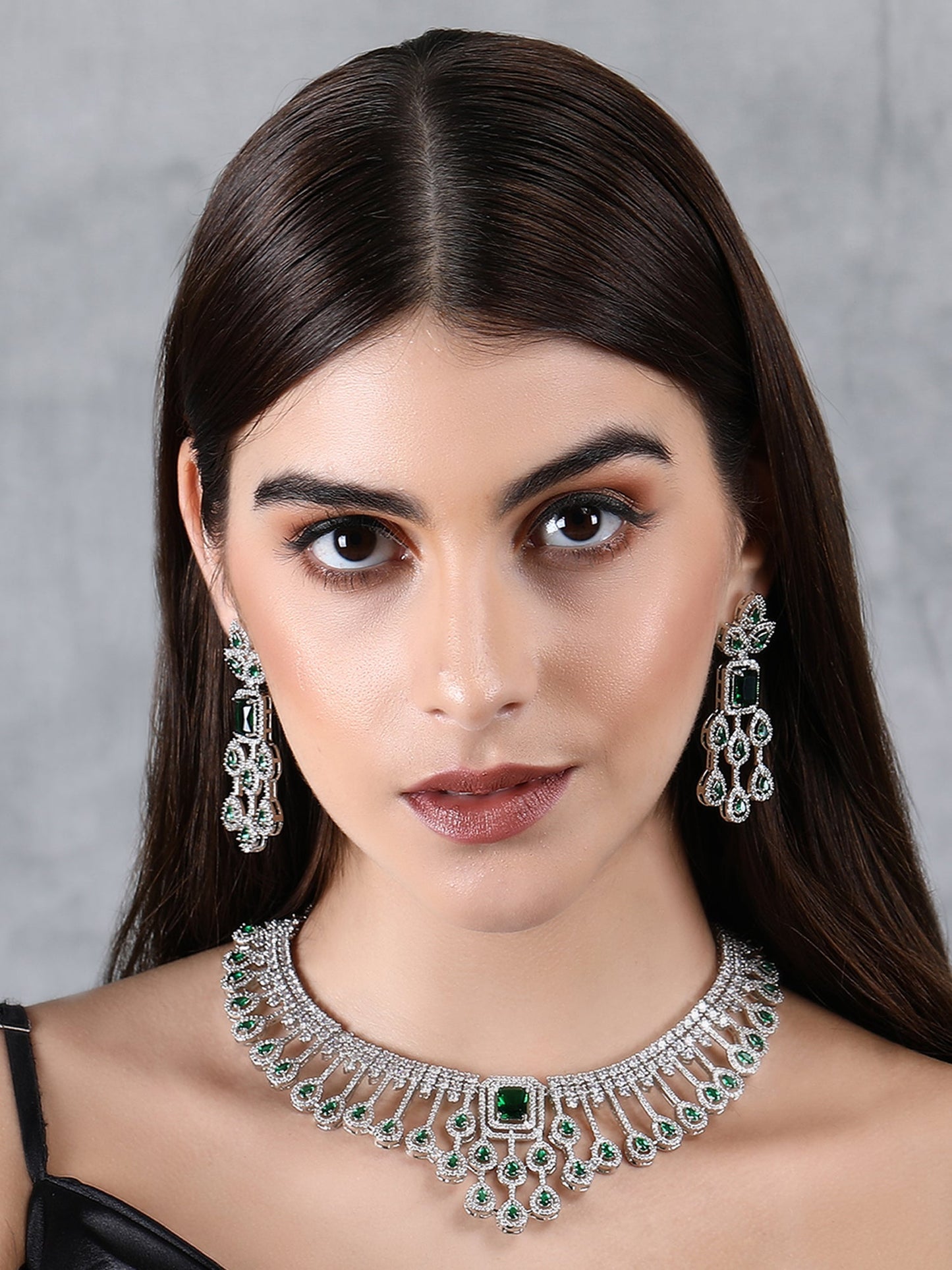 Rhodium Plated American Diamond Zircon Green Necklace Set - Auraa Trends - AD 2-3 Days 20/09/23 ad