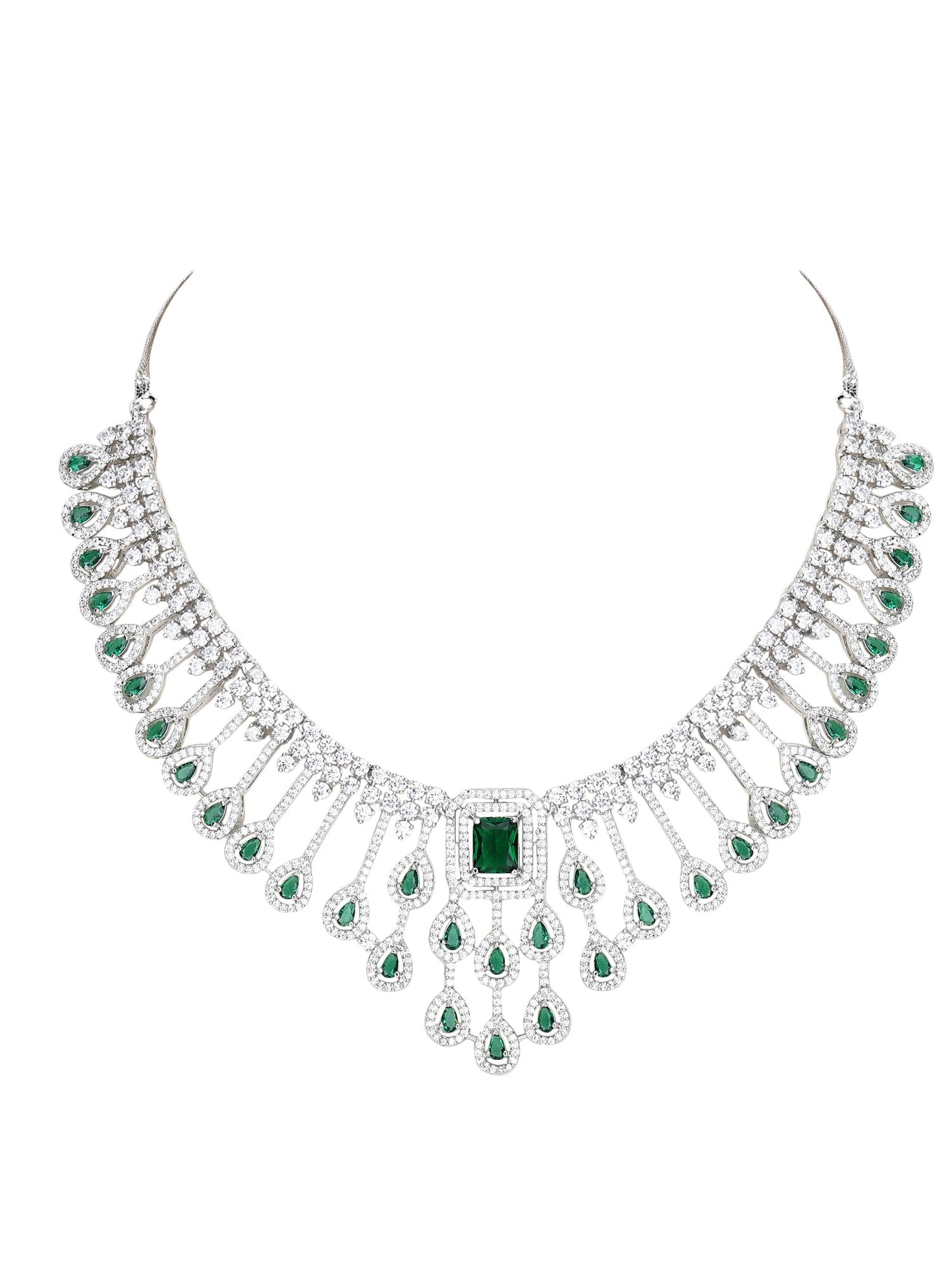 Rhodium Plated American Diamond Zircon Green Necklace Set - Auraa Trends - AD 2-3 Days 20/09/23 ad