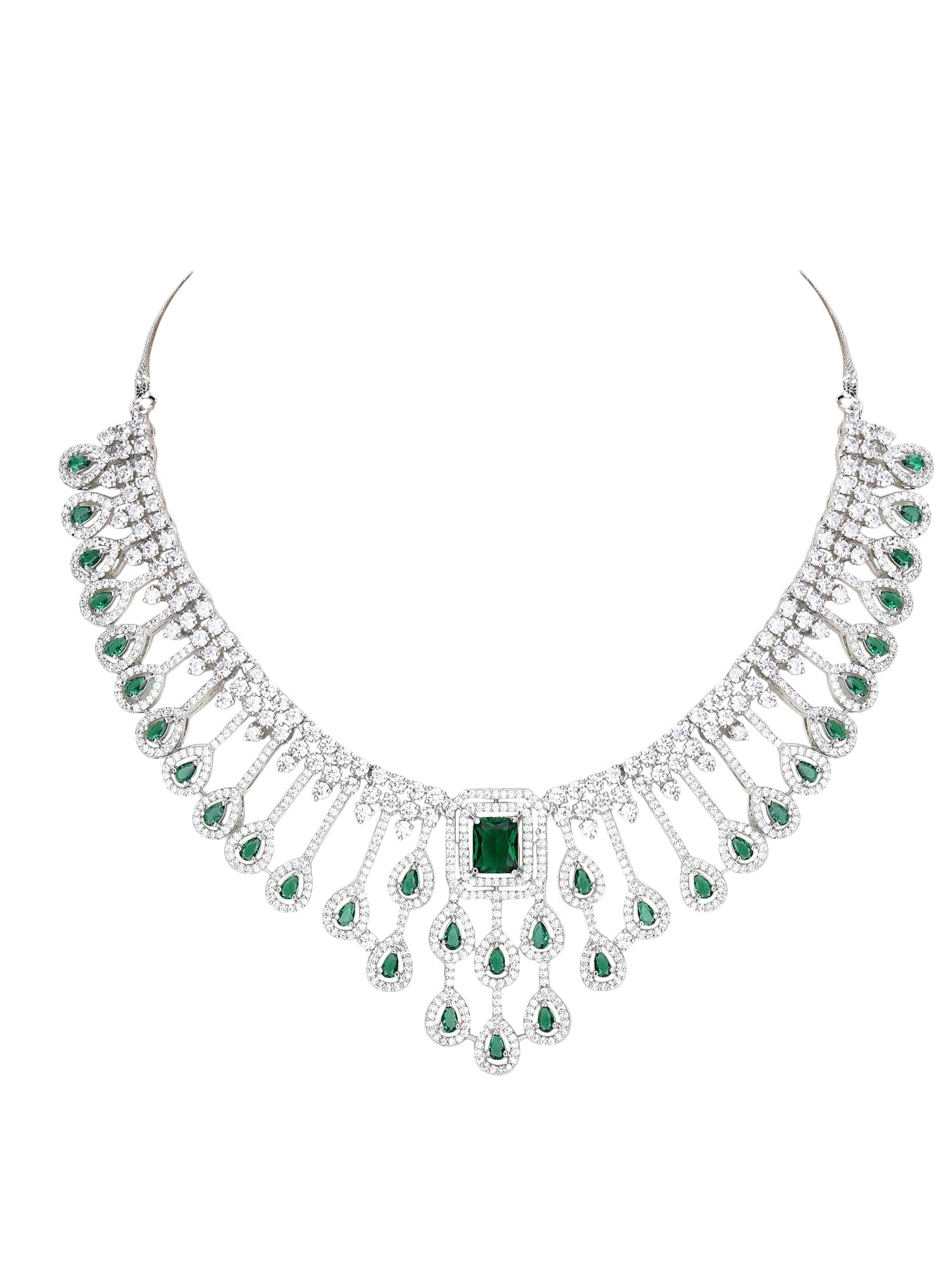 Rhodium Plated American Diamond Zircon Green Necklace Set - Auraa Trends - AD 2-3 Days 20/09/23 ad