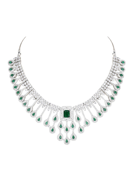 Rhodium Plated American Diamond Zircon Green Necklace Set - Auraa Trends - AD 2-3 Days 20/09/23 ad
